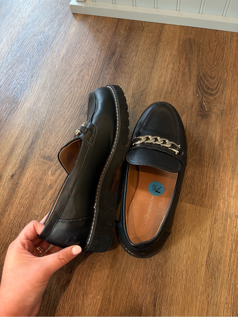 BCBGeneration Black Leather Chain-Trim Loafers
